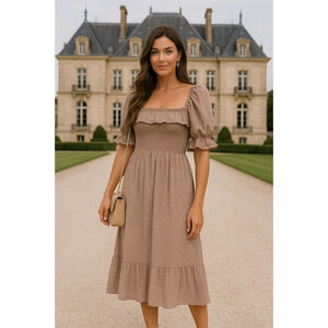 R. Yiposha Midi Dress Cottagecore Piff Sleeve Square Neck Summer Spring Boho XL